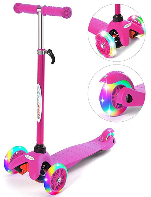 ChromeWheels Scooter for Kids, Deluxe 4 Adjustable Height 3 Wheels Glider with Kick, Lean to Steer with LED Flashing Light