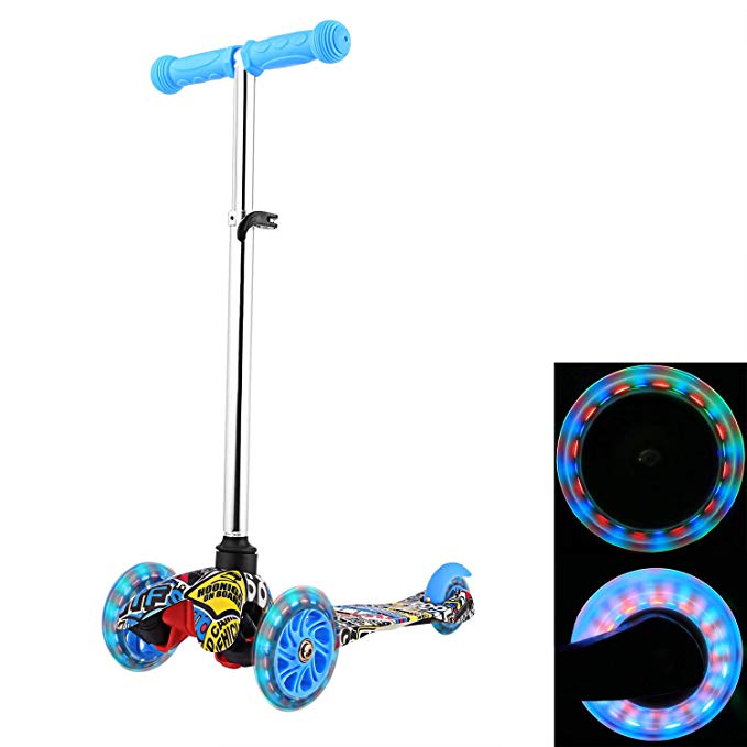 ANCHEER Kick Scooter for Kids Toddlers 3 Wheels, Adjustable Height Kids Scooter LED Light Flashing PU Wheels, Scooter for Boys and Girls 3-12