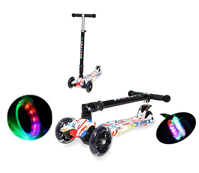 QSH Scooter,3 Flashing PU Wheels Alluminum T-bar 4 Heights Adjustable Handle Kick Scooter with Wide Glider Deck Rubber Handle Rear Brake Pedal for Children 3-14 Years Old