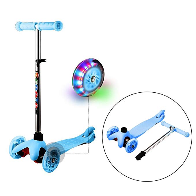 Dtemple 3 Wheels Kids Adjustable Kick Scooters/Metal Mini Push Scooter for 3+ Kids with LED Light Up Wheels