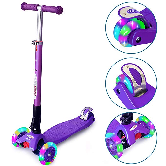 ChromeWheels Scooters Kids, Glider Deluxe Kick Scooter 4 Adjustable Height 150lb Weight Limit 3 Wheels, Lean to Steer LED Flashing Light, Best Gifts Girls Boys Age 6-12 Year Old