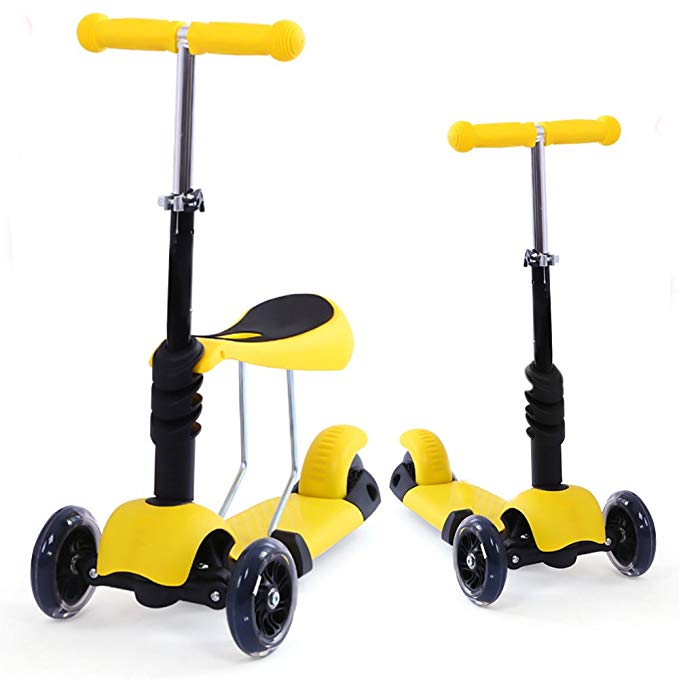 DraWaoy Toddler Kids Kick Scooter with Foldable & Adjustable Seat, 3 LED Light up Wheels for Boys Girls Age 3-8 (Yellow) …