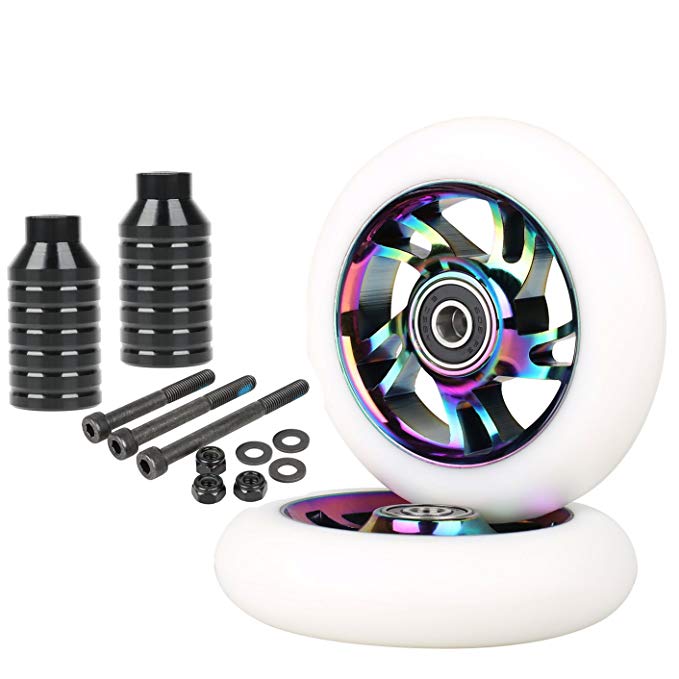 Kutick Complete 2pcs 100mm Neo Chrome Scooter Wheels with 2pcs Scooter Pegs Kit