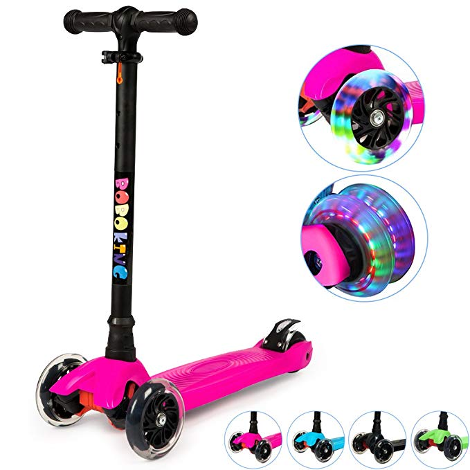 BOBOKING Scooter Kids, 3 Wheel Adjustable Height Deluxe Kick Scooter LED Light Up Wheels, Wide Deck Children from Age 2 to 14, Surface-Safety Balance Technology, Gifts Kids