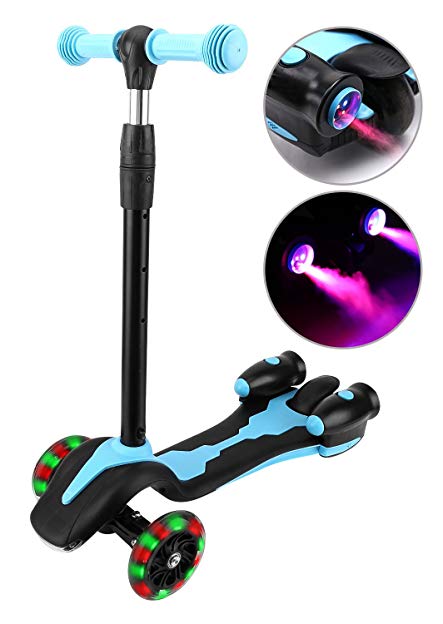 Zooawa Newest Design [Pressure Sensor] Kick Scooter, Rocket Sprayer Water Jet Height Adjustable Lean to Steer Scooter with Flashing PU Wheels & Sound Effect for Kids Over 3 Years Old - Blue + Black