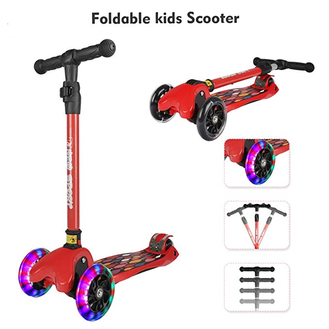NEW OLYM Kick Scooter for Kids, Red 3 Big Wheel Toddler Scooter for Girls, 4 Adjustable Height Foldable Mini Scooters with Flashing Wheels Great Gifts for Litter Boys 2-12 Years