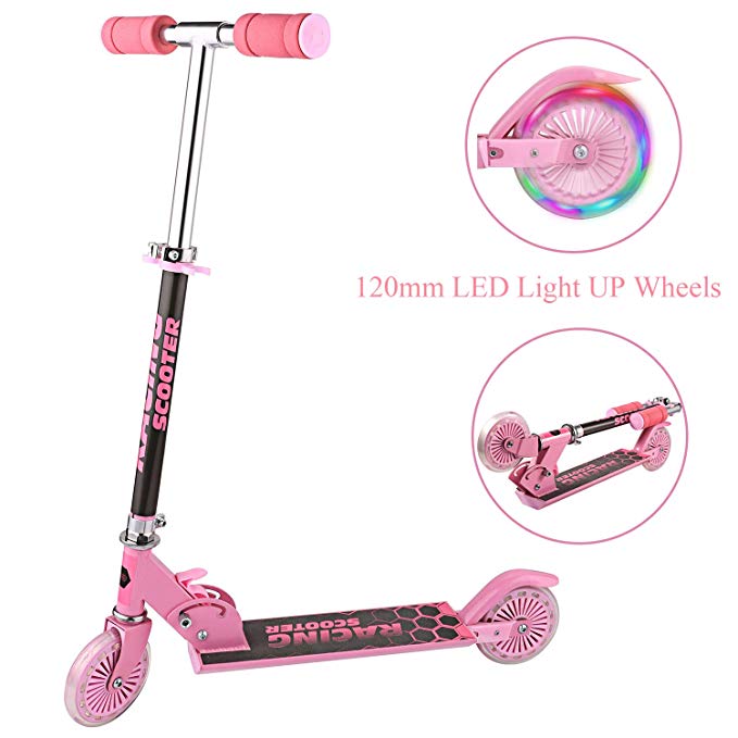 Aceshin Mini Kick Scooter Aluminum Folding Scooters with LED Light Up Wheels, Adjustable Height for Kids Girls Boys Toddler, Ages 3-8 Years (US Stock)