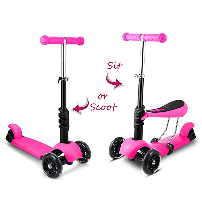 Hikole Scooters for Kids 3-in-1 | 3 Wheels Toddlers Mini Kick Scooter with Seat, Adjustable Scooter with LED Light Up Wheels, Birthday Gift for Baby Boys Girls Age 2-6