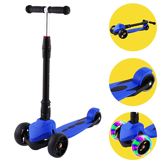 WeSkate Kids Scooter 3 Wheels Foldable Kick Scooter with LED Light Up Wheels, Lean To Turn 4 Adjustable Height for 3-12 Years