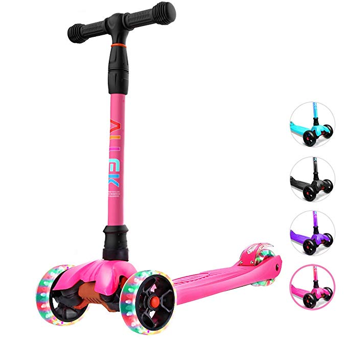 Allek Kick Scooter, Lean 'N Glide Scooter with Extra Wide PU Light-Up Wheels and 4 Adjustable Heights for Children from 3-14yrs (Rose Pink)