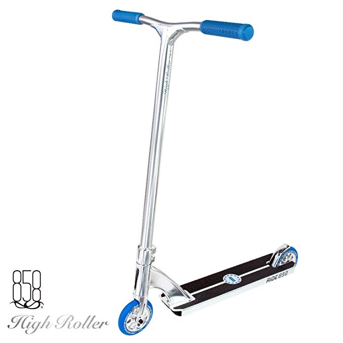 High Roller Scooter with Forged Neck Tube to Avoid Breaks + Light Strong Deck with Patent Reinforced Aluminium Bar for The Ultimate Performance by Ride 858 (Chrome/Blue)