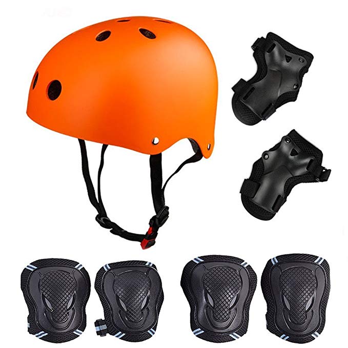 Skateboard / Skate Protection Set with Helmet--SymbolLife Helmet with 6pcs Elbow Knee Wrist Pads for Kids BMX/ Skateboard / Scooter, For Head Size S (55-57cm) Orange