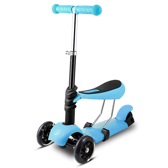 Meoket Kids Mini Kick Scooter 3 Wheel, 3-in-1 Toddler Scooters with Adjustable Handle T-Bar/LED Flashing Wheels/Seat for Boys Girls Age 3-10