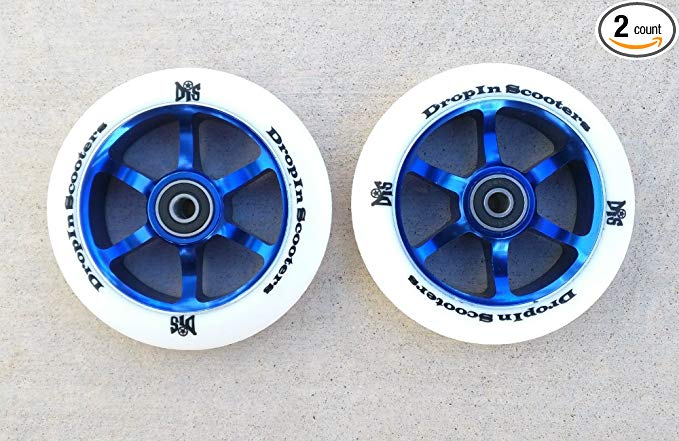 DIS 110mm White on Blue 6 spoke Metal Core Scooter Wheels (Pair - 2 wheels) with Bearings and Spacers Installed