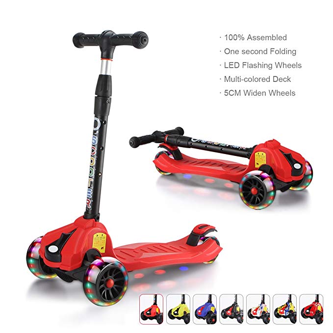 XJD Extra-Wide Wheels Kick Scooters for Kids 3 Wheels Adjustable Height Toddler Scooters Boys Girls 100% Assembled Light Up Wheels Children from 2 to 14 Year-Old (Red)