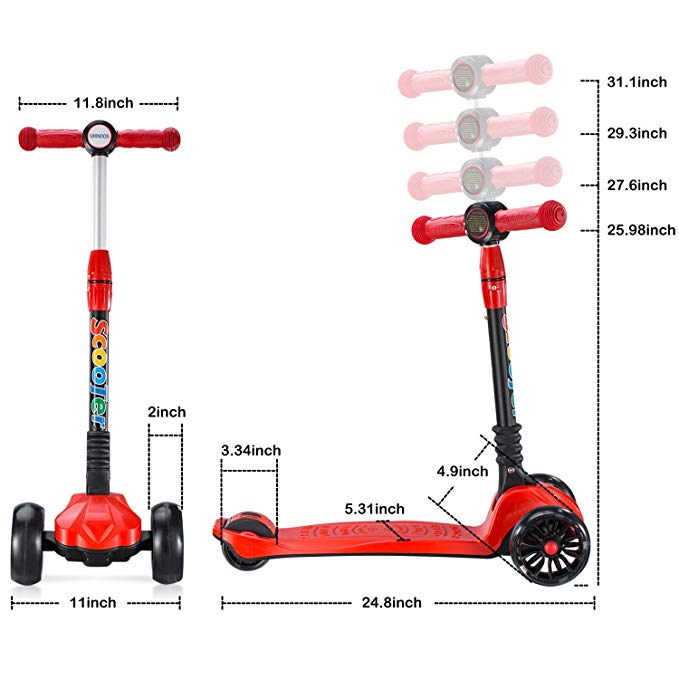 UHINOOS Kick Scooter for Kids&Toddlers-4 Adjustable Height 3 Wheel Scooters for Kids-Flashing Wheels Foldable Kids Scooter Best Gifts for Children from 3-12 Years,Red