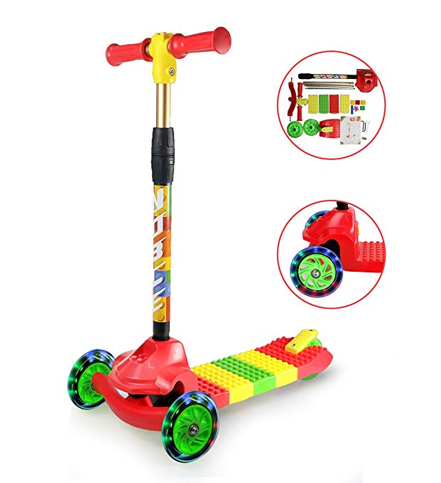 Fvino Kids Scooter 3 Wheel for Boys Girls Toddler 2-7 Years Old with Lights Kick DIY Splicing Car Adjustable Height Air Tires Folding with 7 Small Toy Blocks