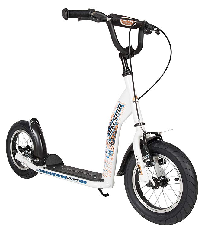 BIKESTAR® Original Safety Pro Sport Push Kick Scooter Kids with brakes, mudguard and air tires for age 7 year old children | Sport Edition with Alloy Wheels 12 Inch | Diamond White