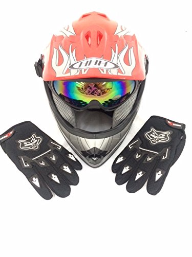 SmartDealsNow Helmet Dirt Bike Style Youth Model color Red Flame +Gloves+Goggles