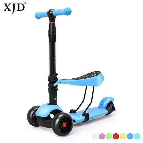 XJD 3-in-1 Extra-Wide Wheels Kick Scooter for Kids Toddler Scooter with Removable Seat Great for Kids Boys Girls Adjustable Height PU Flashing Children from 2 to 14 Year-Old (Dark Blue)