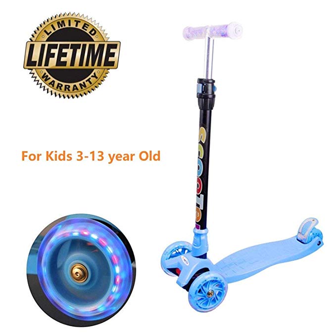 Kick Scooter for Kids Toddlers Scooter Girls or Boys 3 Wheel 4 Adjustable Height Children Scooter, Lean to Steer with PU LED Light Up Flashing Wheels Children Age 3-12 Years Old